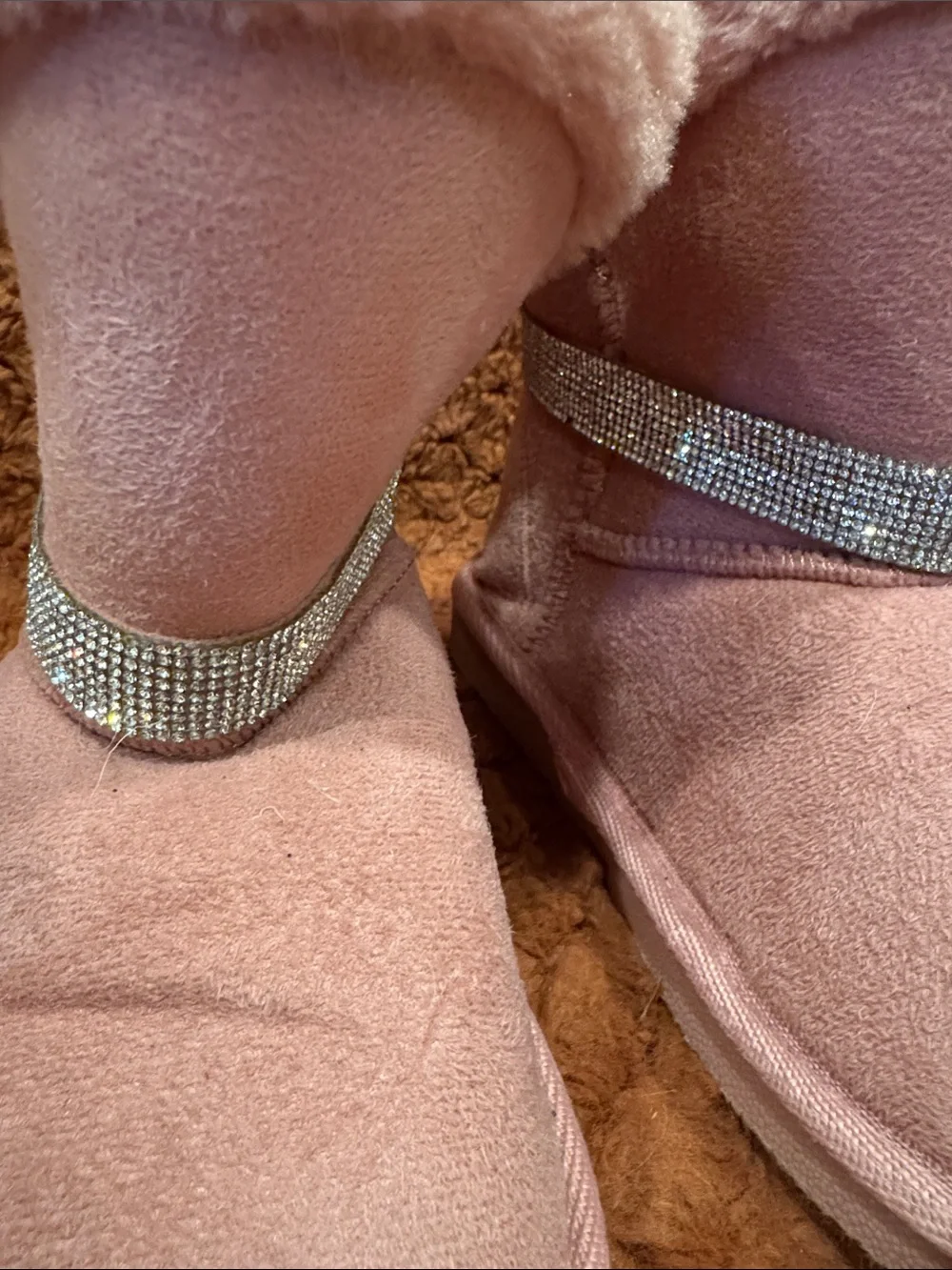 Bebe Pink Faux Fur Crystal Strap Cozy Boots
